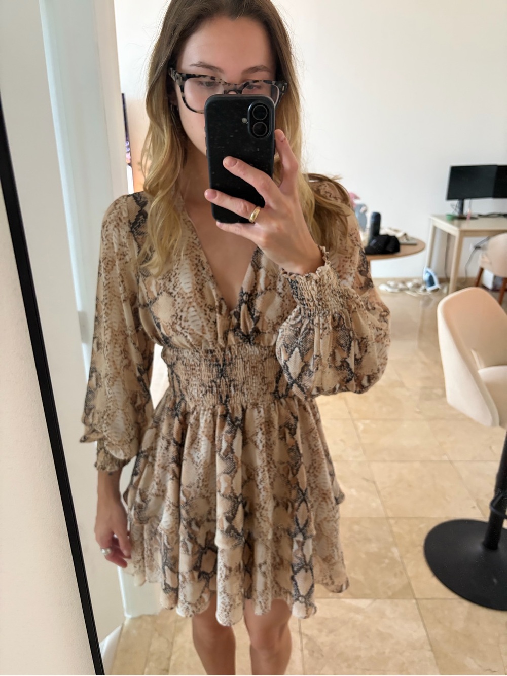 Olivaceous Beige Snake-Print Smocked Mini Dress